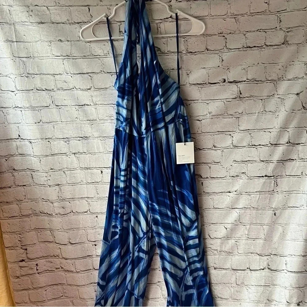 Bella Dahl Blue Palm Open Back Halter Jumpsuit Size Medium Brand New - Picture 5 of 13